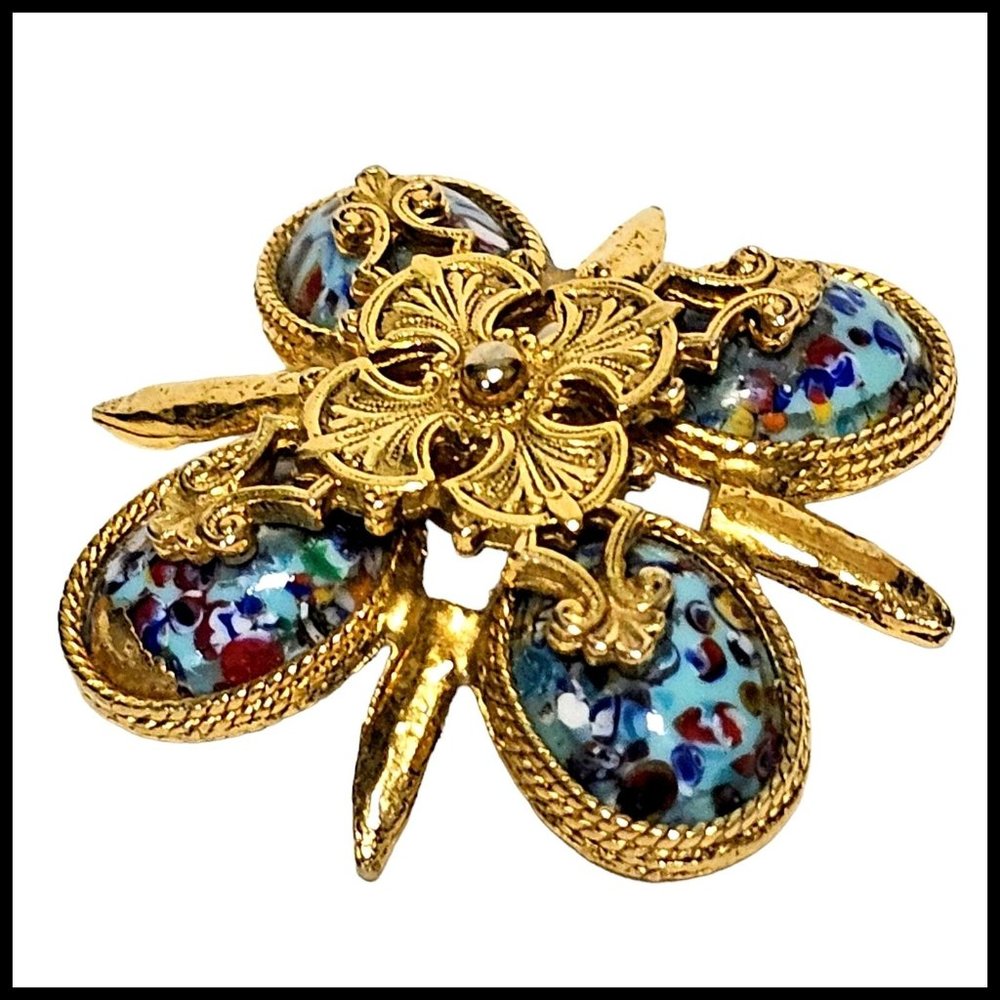 Vintage Gold Tone Blue Millefiori Cabochon‎ Maltese Cross Pin Brooch Pin